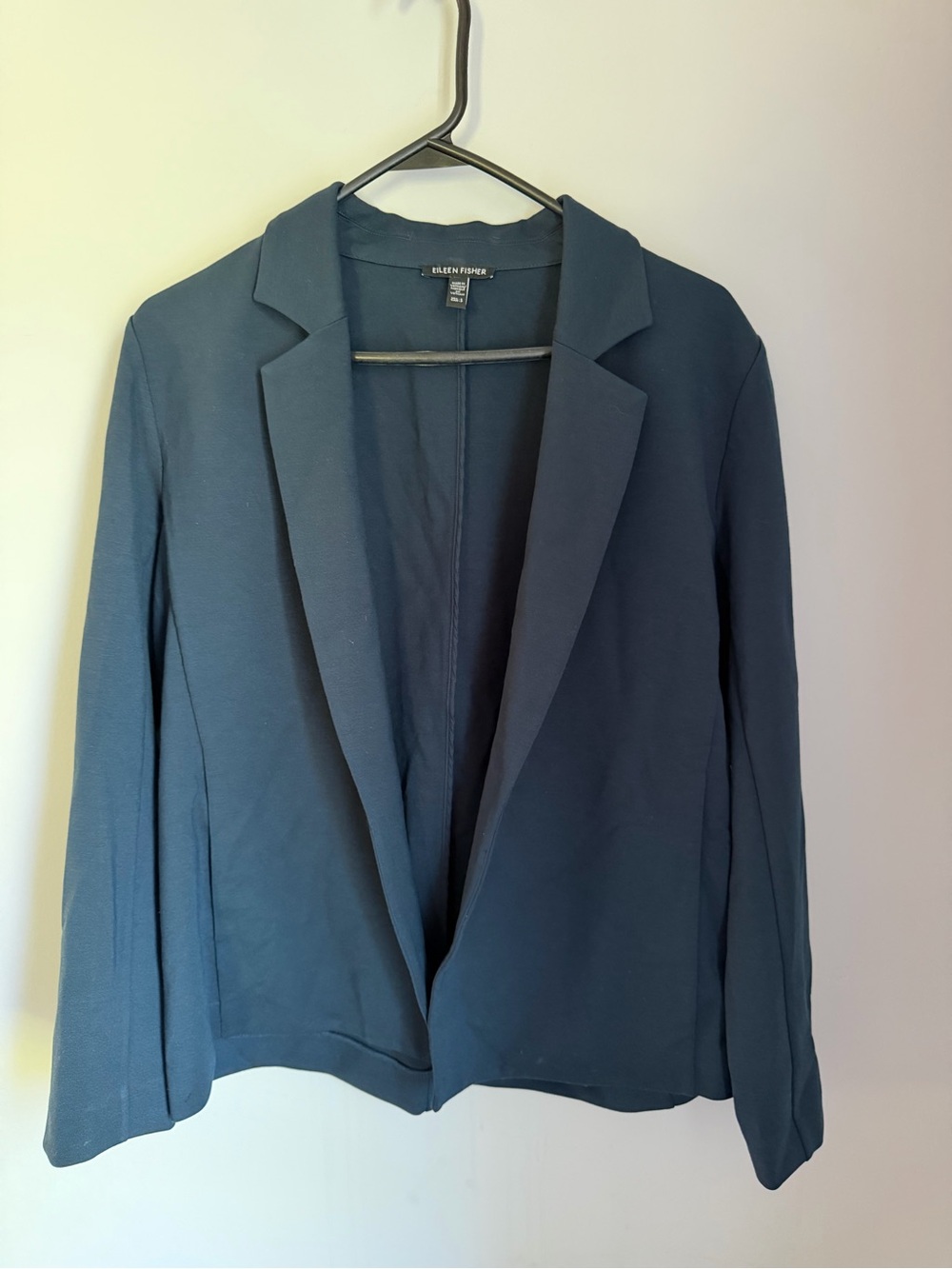 Eileen Fisher Open Front Knit Blazer Jacket Navy Blue Tencel Stretch Size Small